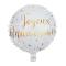 Un ballon en aluminium de 35 cm de diamètre fond blanc avec l'inscription Joyeux Anniversaire et des étoiles coloris or pailletés pour un déco de fête d'anniversaire.