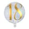 Un ballon en aluminium de 35 cm de diamètre fond blanc avec l'inscription 18 et des étoiles coloris or pailletés pour un déco de fête d'anniversaire 18 ans.